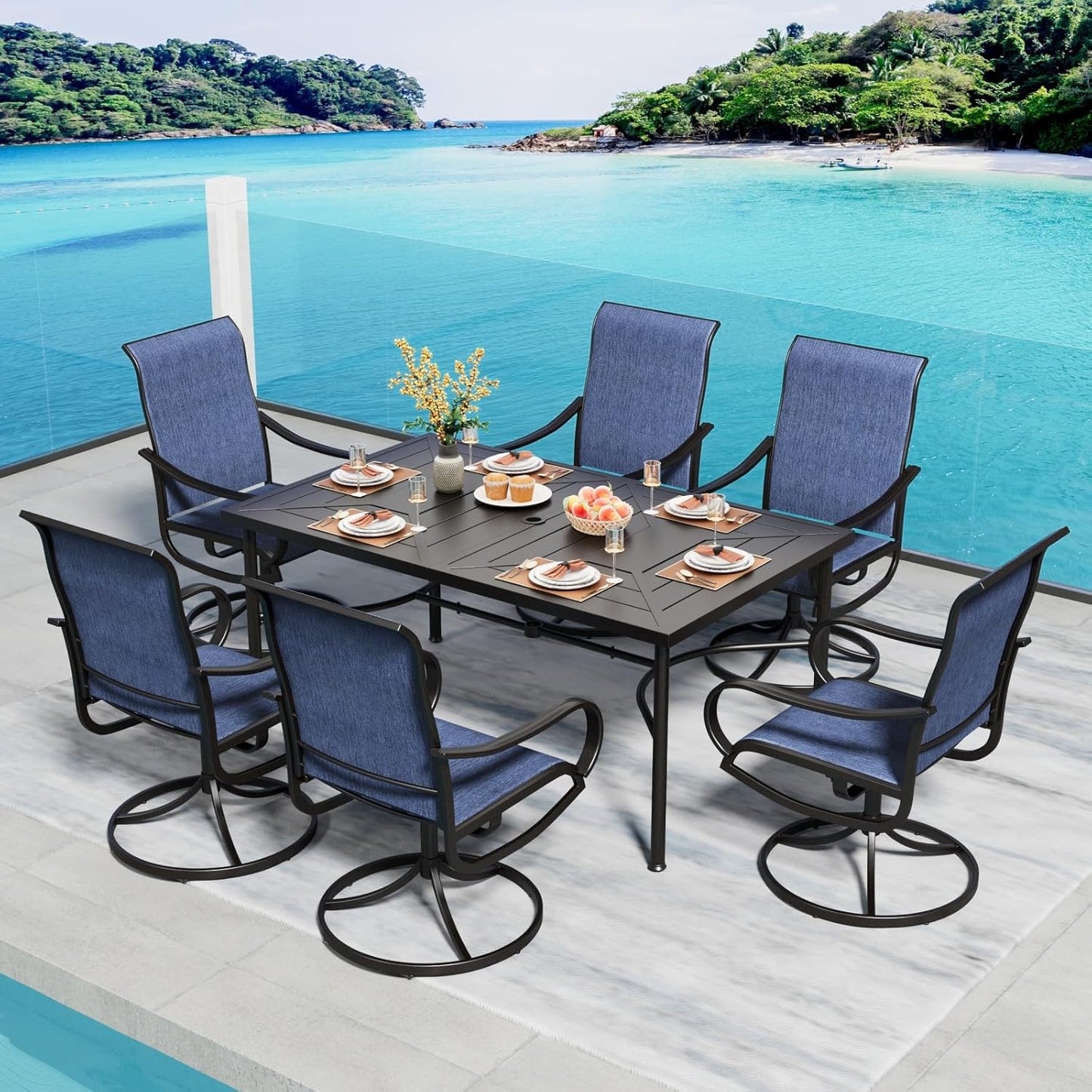 PHI VILLA 5 Piece Patio Dining Set with 4 Outdoor Swivel Dining Chairs & 1 Large Round Dining Table, All Weather Blue Textilene Mesh Fabric Chair and Round Metal Table for Deck Lawn Garden