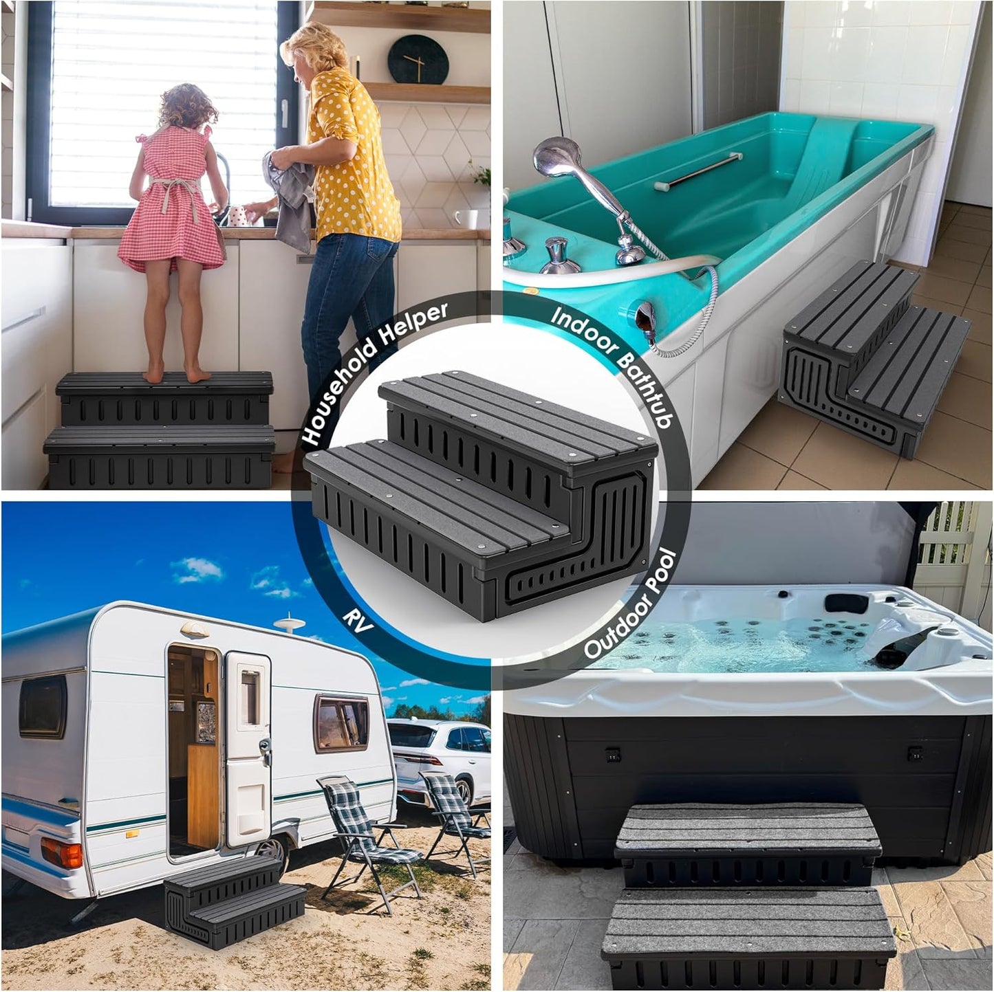Universal Hot Tub Steps with Anti-Slip Mats,HDPE 2-Step Spa Stairs with Storage,Waterproof & Sturdy–Portable Stairs for Hot Tub/Camper/SPA Pool/Pet Stairs