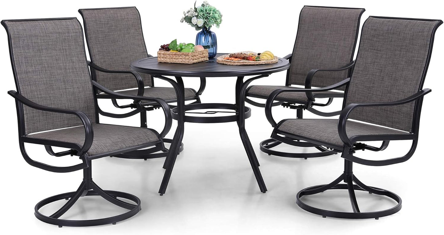 PHI VILLA 5 Piece Patio Dining Set with 4 Outdoor Swivel Dining Chairs & 1 Large Round Dining Table, All Weather Blue Textilene Mesh Fabric Chair and Round Metal Table for Deck Lawn Garden