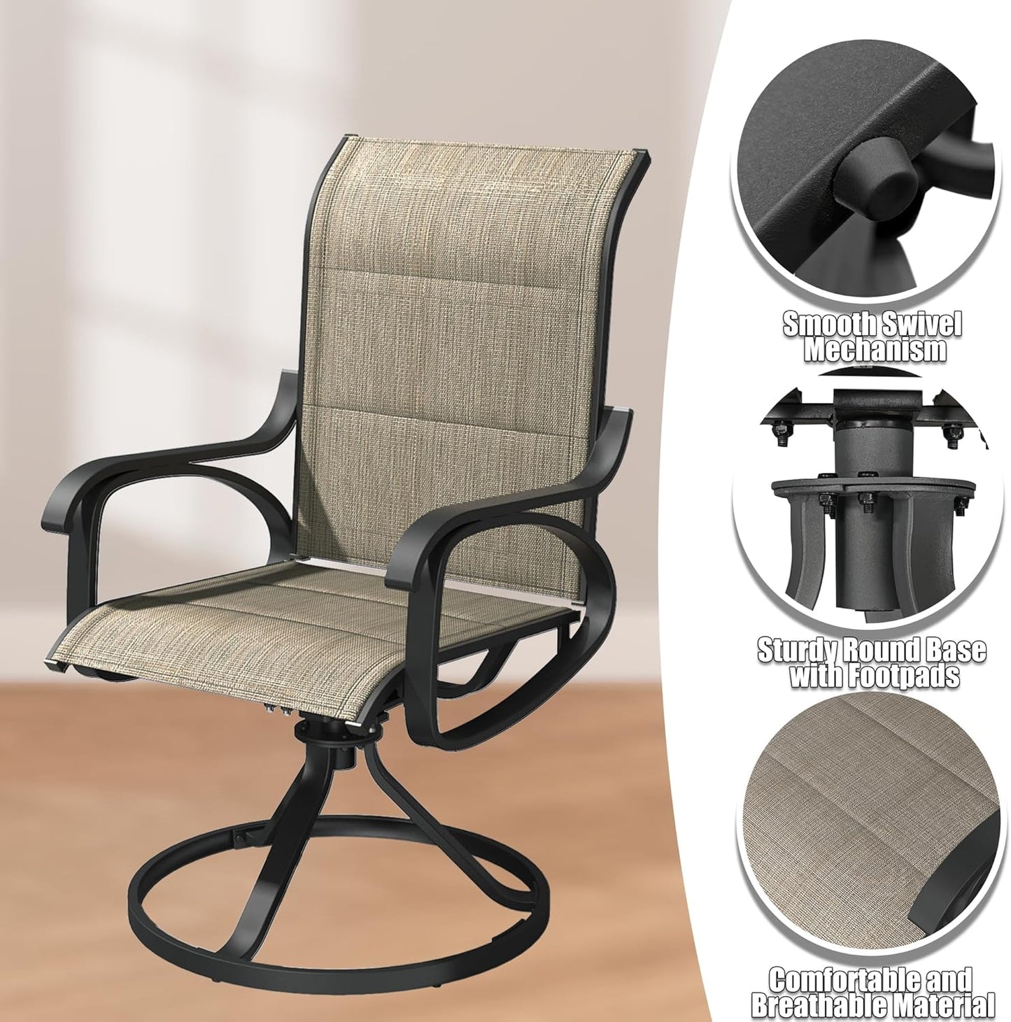 Patio Swivel Chairs Set of 4, All Weather Outdoor Rocking Chair with Textilene Breathable Back, Cotton Padding, Patio Dining Chair for Backyard, Garde, Porch and Deck (4, Brown)