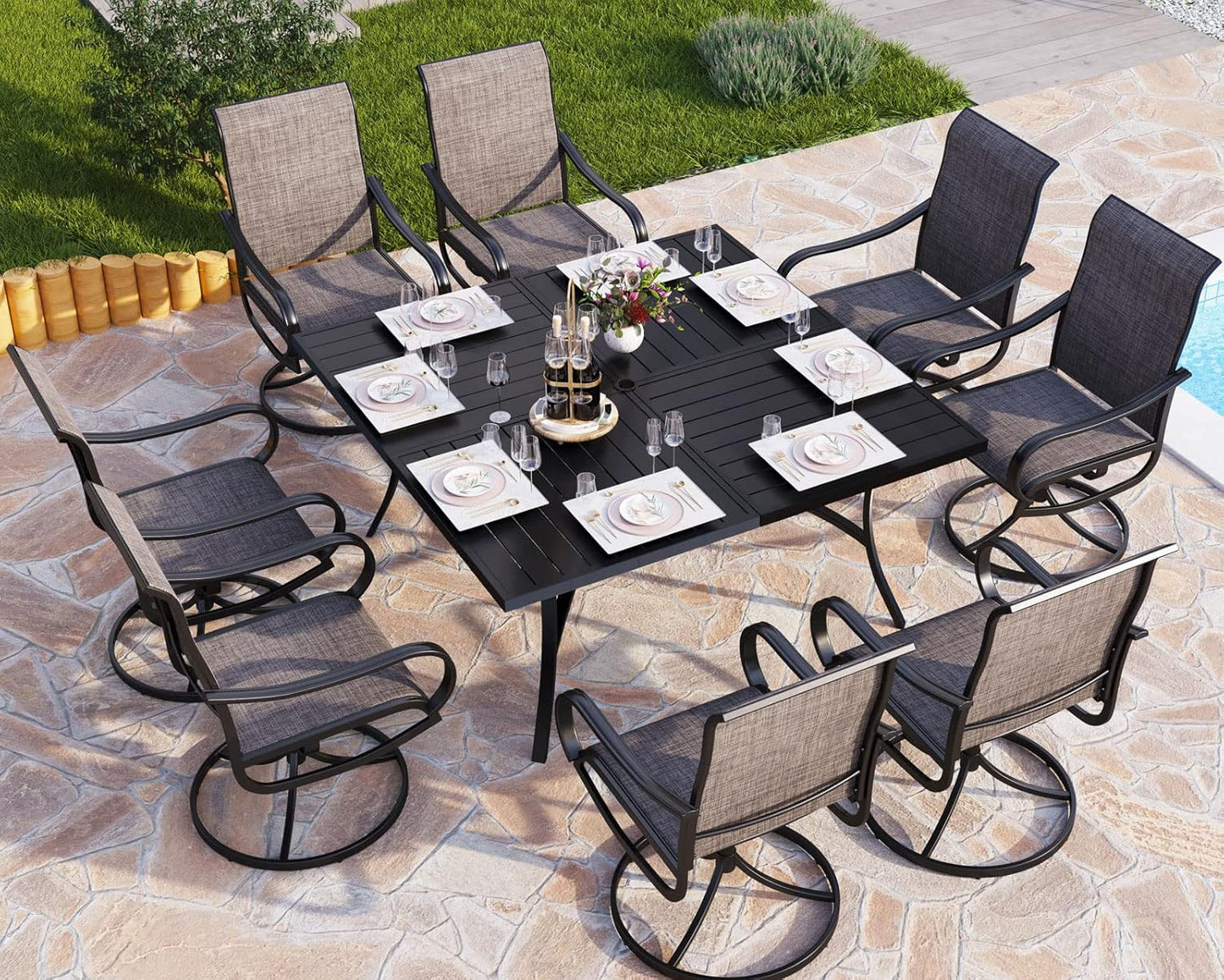 PHI VILLA 5 Piece Patio Dining Set with 4 Outdoor Swivel Dining Chairs & 1 Large Round Dining Table, All Weather Blue Textilene Mesh Fabric Chair and Round Metal Table for Deck Lawn Garden