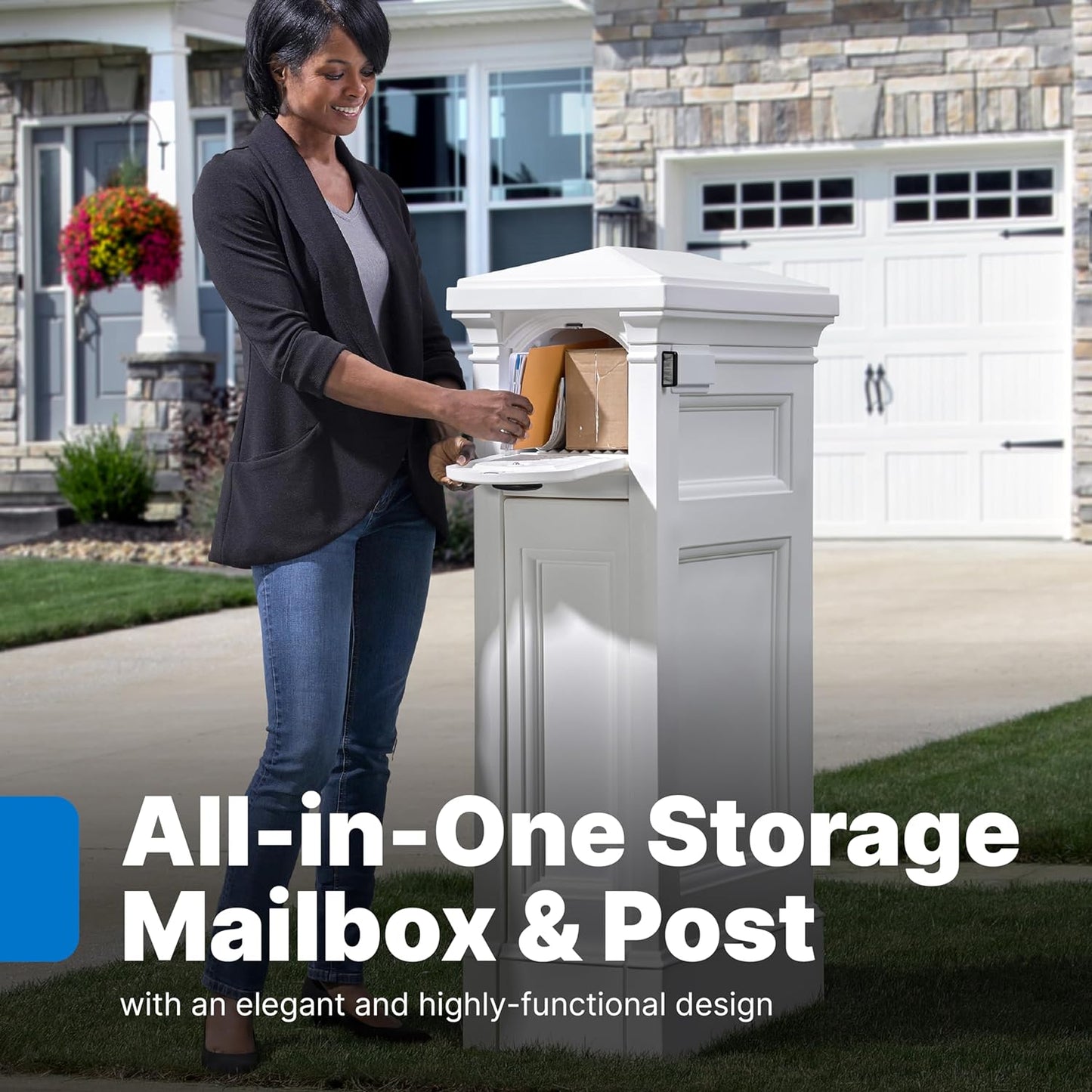 Step2 Atherton Reserve Storage Mailbox & Post, Extra Storage, Weather Resistant, Large Outdoor Mailboxes, Made of Durable Plastic, Easy to Install, Flag Included, Classic White