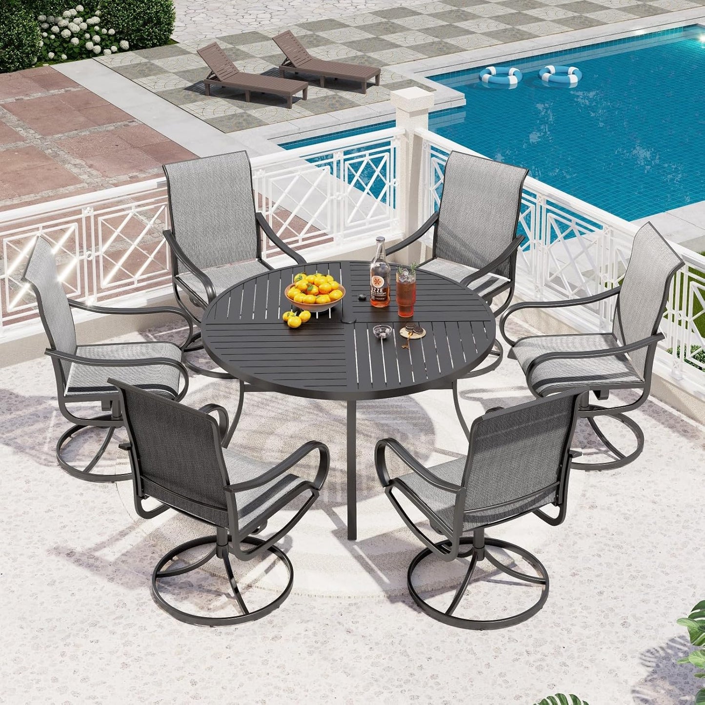 PHI VILLA 5 Piece Patio Dining Set with 4 Outdoor Swivel Dining Chairs & 1 Large Round Dining Table, All Weather Blue Textilene Mesh Fabric Chair and Round Metal Table for Deck Lawn Garden