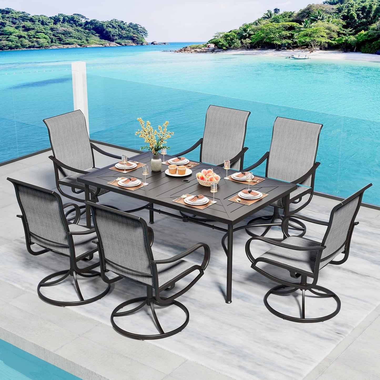 PHI VILLA 5 Piece Patio Dining Set with 4 Outdoor Swivel Dining Chairs & 1 Large Round Dining Table, All Weather Blue Textilene Mesh Fabric Chair and Round Metal Table for Deck Lawn Garden
