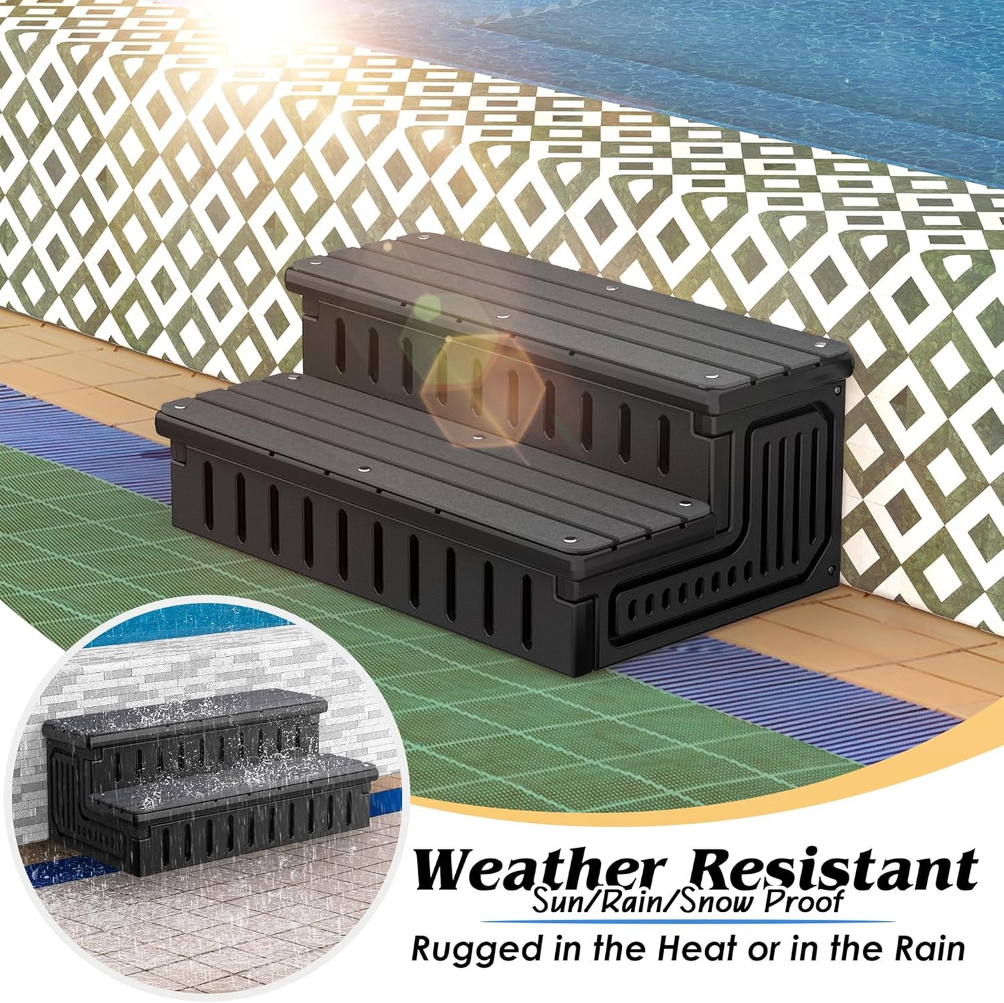 Universal Hot Tub Steps with Anti-Slip Mats,HDPE 2-Step Spa Stairs with Storage,Waterproof & Sturdy–Portable Stairs for Hot Tub/Camper/SPA Pool/Pet Stairs