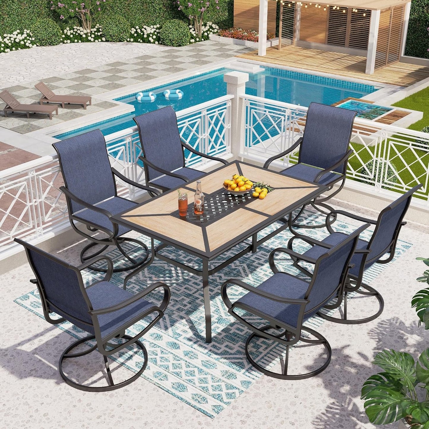PHI VILLA 5 Piece Patio Dining Set with 4 Outdoor Swivel Dining Chairs & 1 Large Round Dining Table, All Weather Blue Textilene Mesh Fabric Chair and Round Metal Table for Deck Lawn Garden