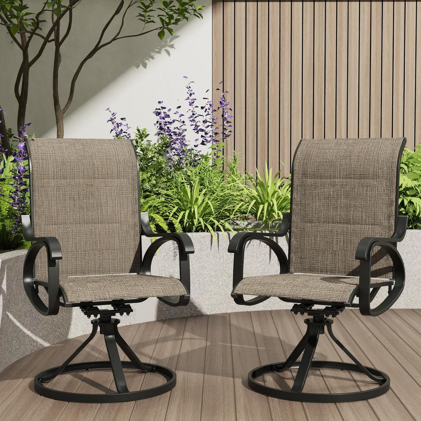 Patio Swivel Chairs Set of 4, All Weather Outdoor Rocking Chair with Textilene Breathable Back, Cotton Padding, Patio Dining Chair for Backyard, Garde, Porch and Deck (4, Brown)