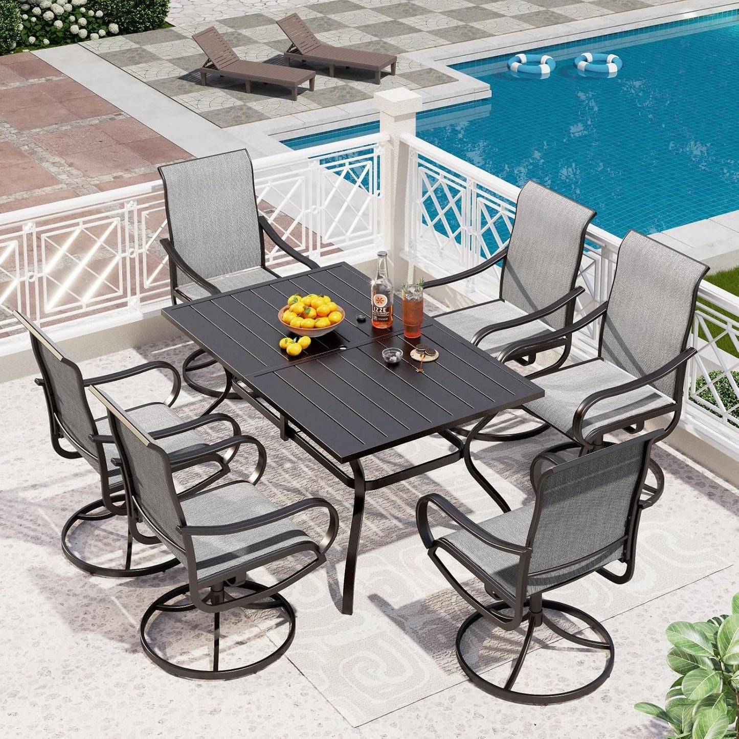 PHI VILLA 5 Piece Patio Dining Set with 4 Outdoor Swivel Dining Chairs & 1 Large Round Dining Table, All Weather Blue Textilene Mesh Fabric Chair and Round Metal Table for Deck Lawn Garden