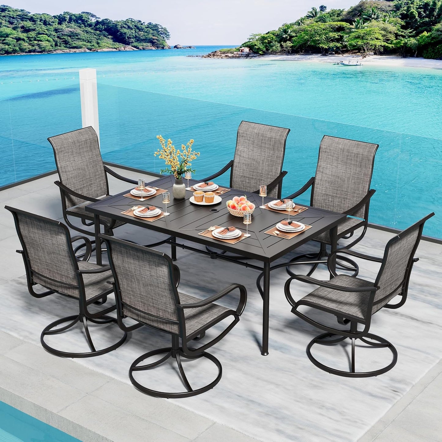 PHI VILLA 5 Piece Patio Dining Set with 4 Outdoor Swivel Dining Chairs & 1 Large Round Dining Table, All Weather Blue Textilene Mesh Fabric Chair and Round Metal Table for Deck Lawn Garden
