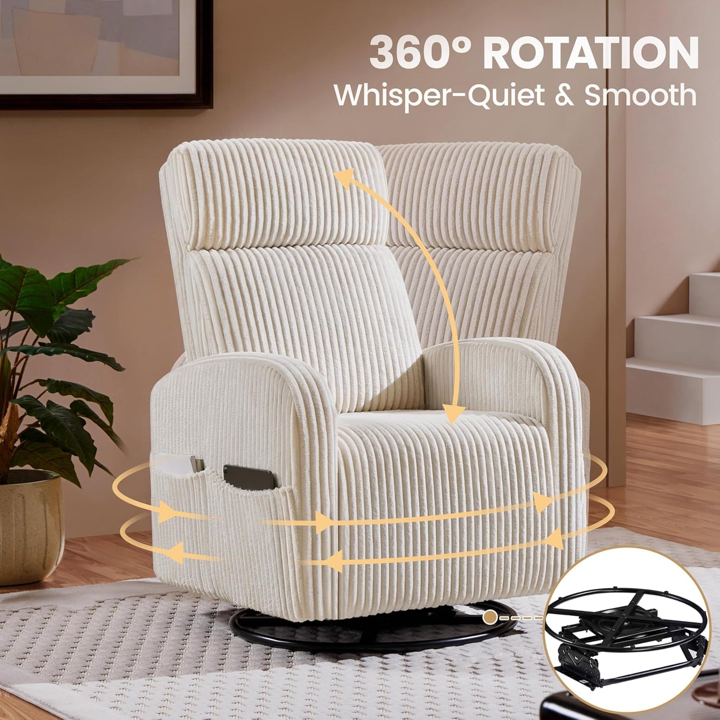 Yaheetech 360° Swivel Glider Chair for Nursery, Rocking Chair Nursing Chair with Side Pockets, Corduroy Glider for Living Room with High Back Beige