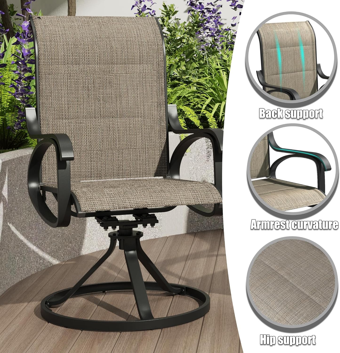 Patio Swivel Chairs Set of 4, All Weather Outdoor Rocking Chair with Textilene Breathable Back, Cotton Padding, Patio Dining Chair for Backyard, Garde, Porch and Deck (4, Brown)