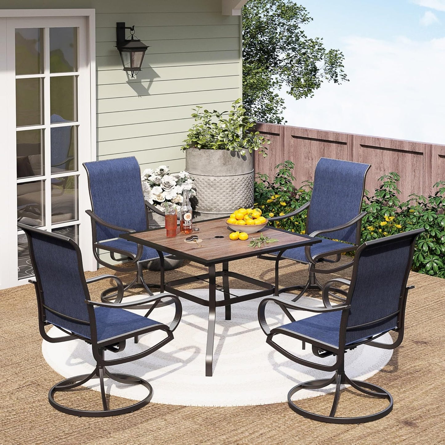 PHI VILLA 5 Piece Patio Dining Set with 4 Outdoor Swivel Dining Chairs & 1 Large Round Dining Table, All Weather Blue Textilene Mesh Fabric Chair and Round Metal Table for Deck Lawn Garden