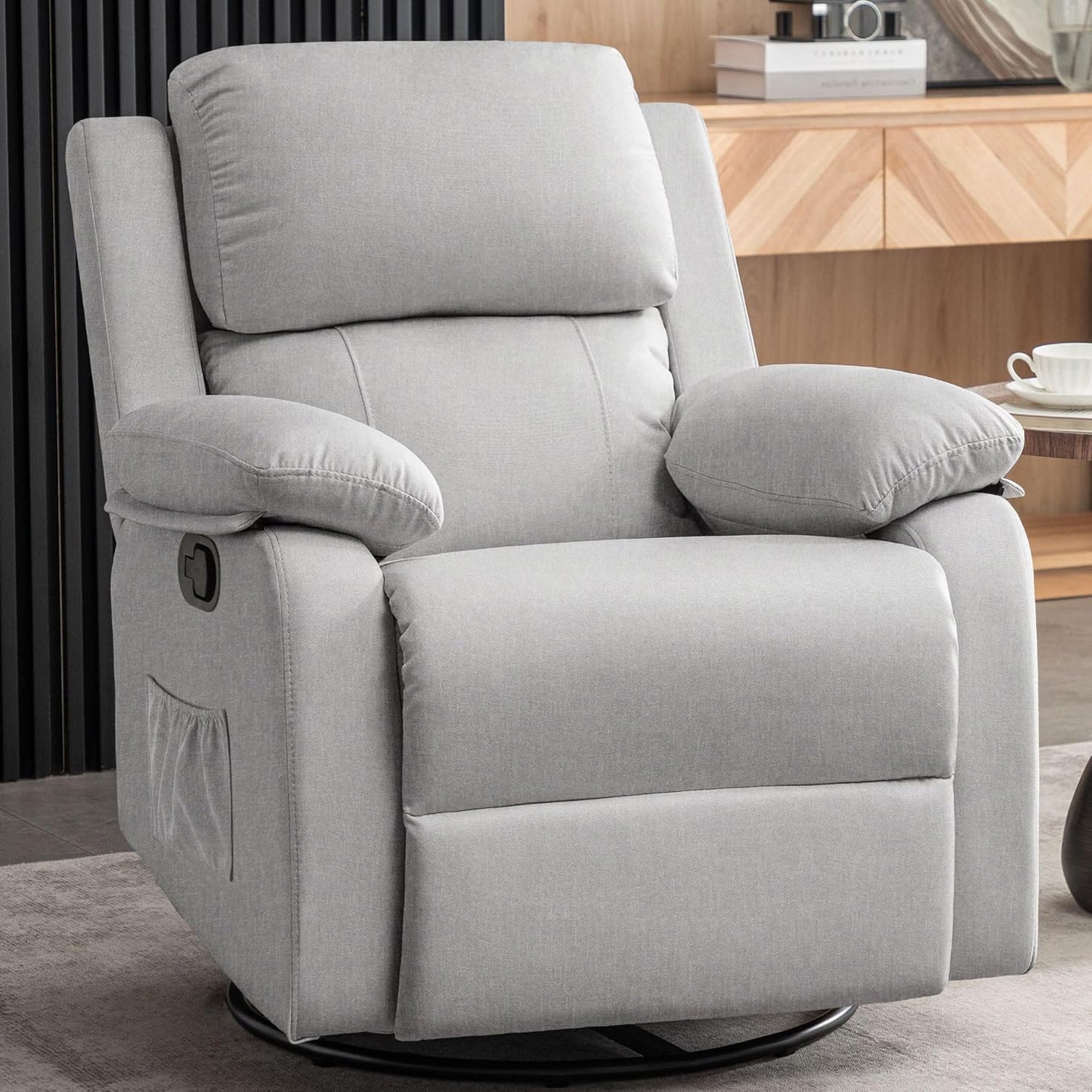 Recliner Chair, 360 Swivel Rocker Chair for Adults, Small Rocking Recliner Chair for Small Spaces, Upholstered Fabric Glider Recliner Nursery Chair with Side Pockets for Living Room, White